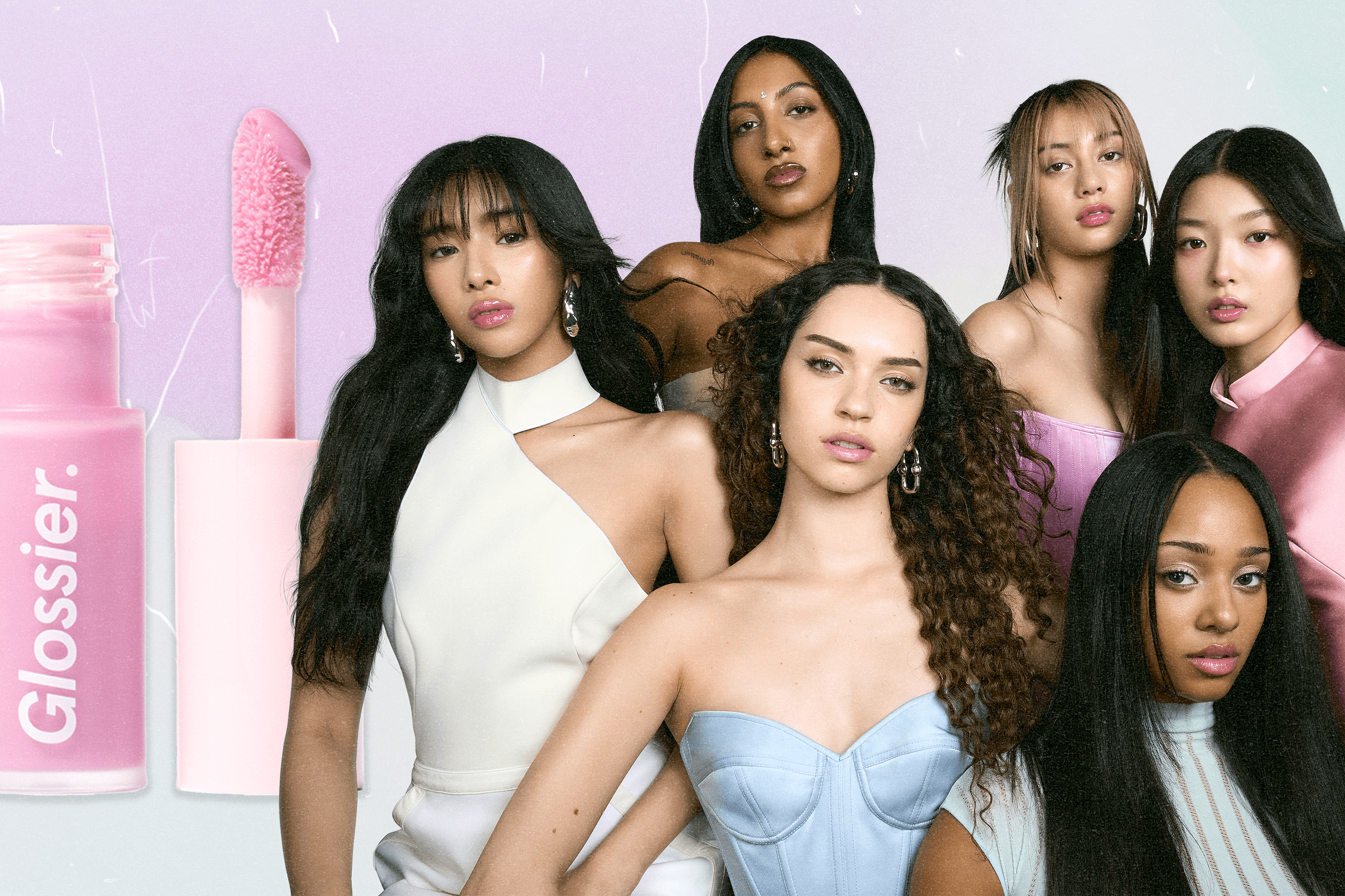 Members of Katseye next to the Glossier Lip Glaze.