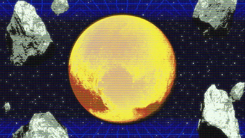 Planet Pluto hanging over a glittering sky background with comets moving back and forth in a retro gaming style