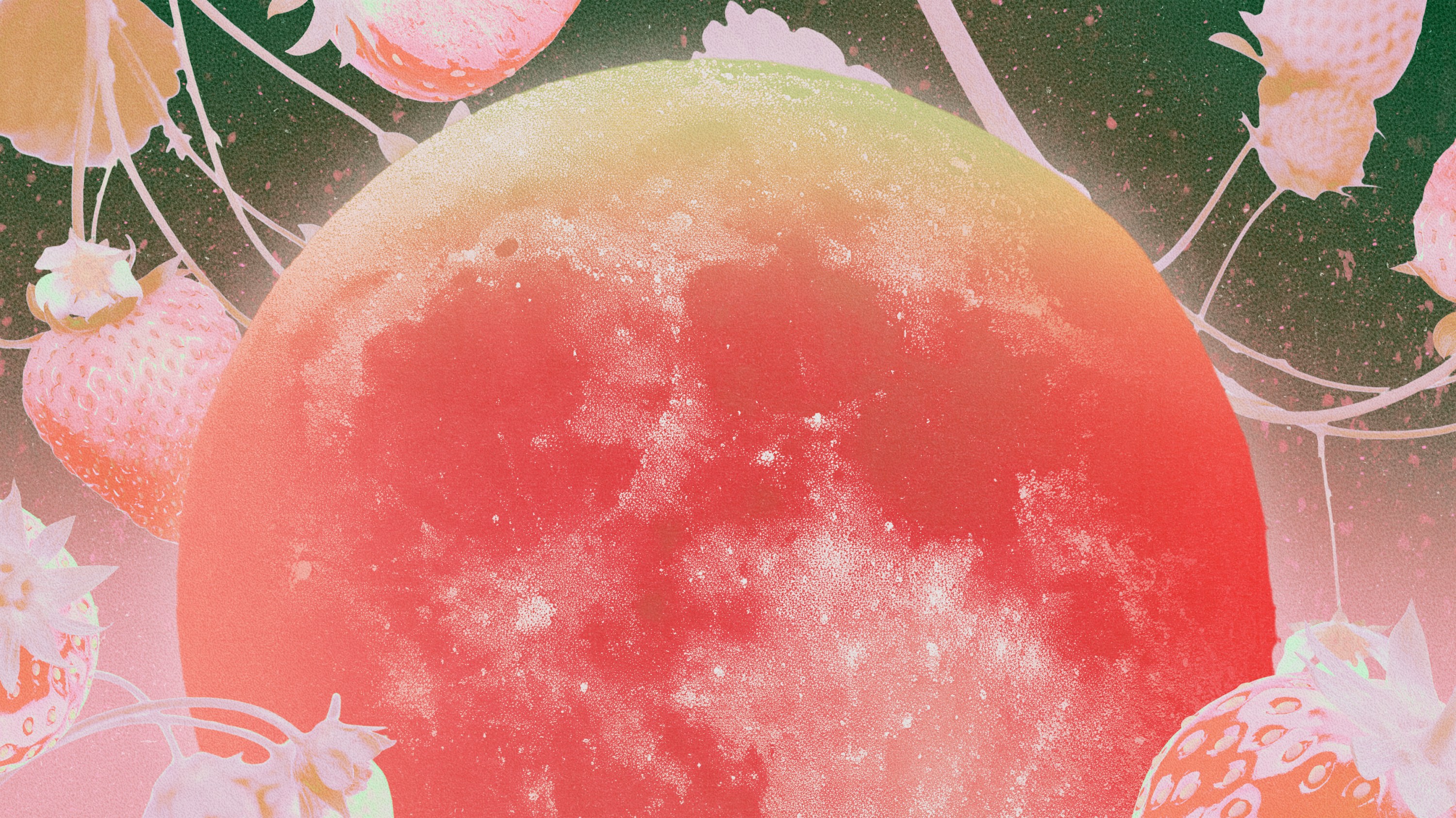 A full moon rising over a sky full of strawberries
