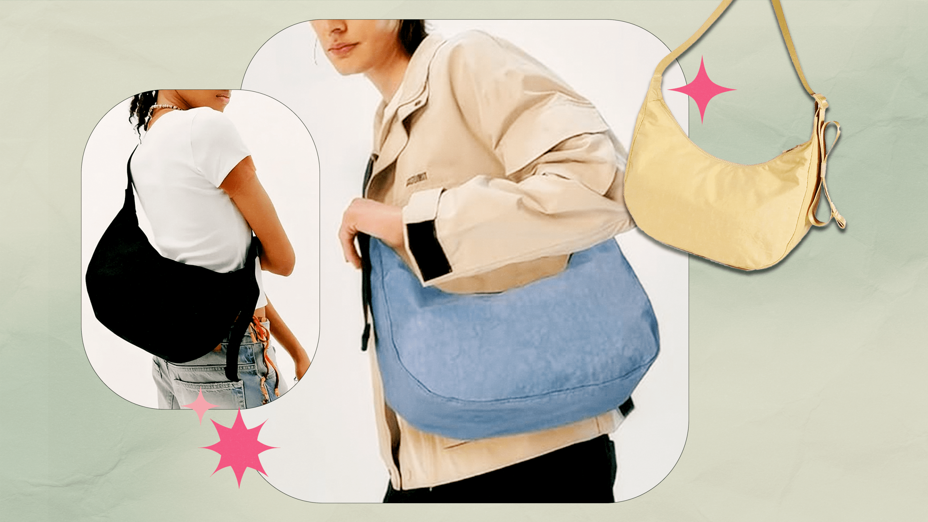 A collage with two images of models wearing FASTFAIRY's Medium Nylon Crescent Bag in black and light blue next to a product shot of the same bag but in butter yellow.