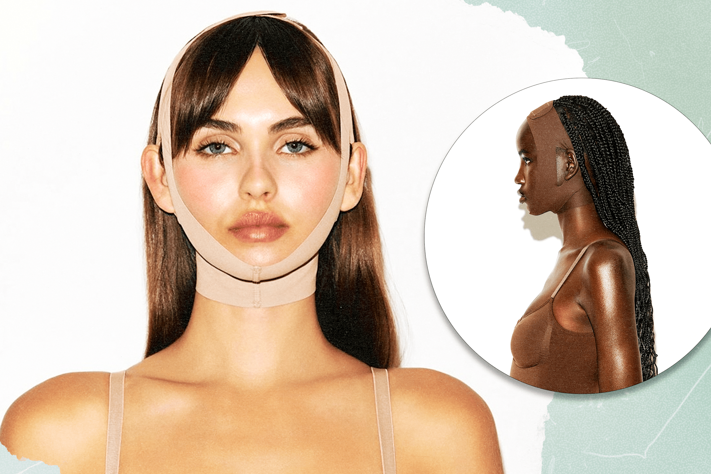 Two model shots of the Skims Face Wrap (one in Clay and one in Cocoa)