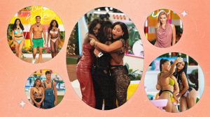 Five photos of Love Island contestants and host Ariana Madix from Love Island Games seaason 2, Love Island USA season 6, and Love Island USA season 7.