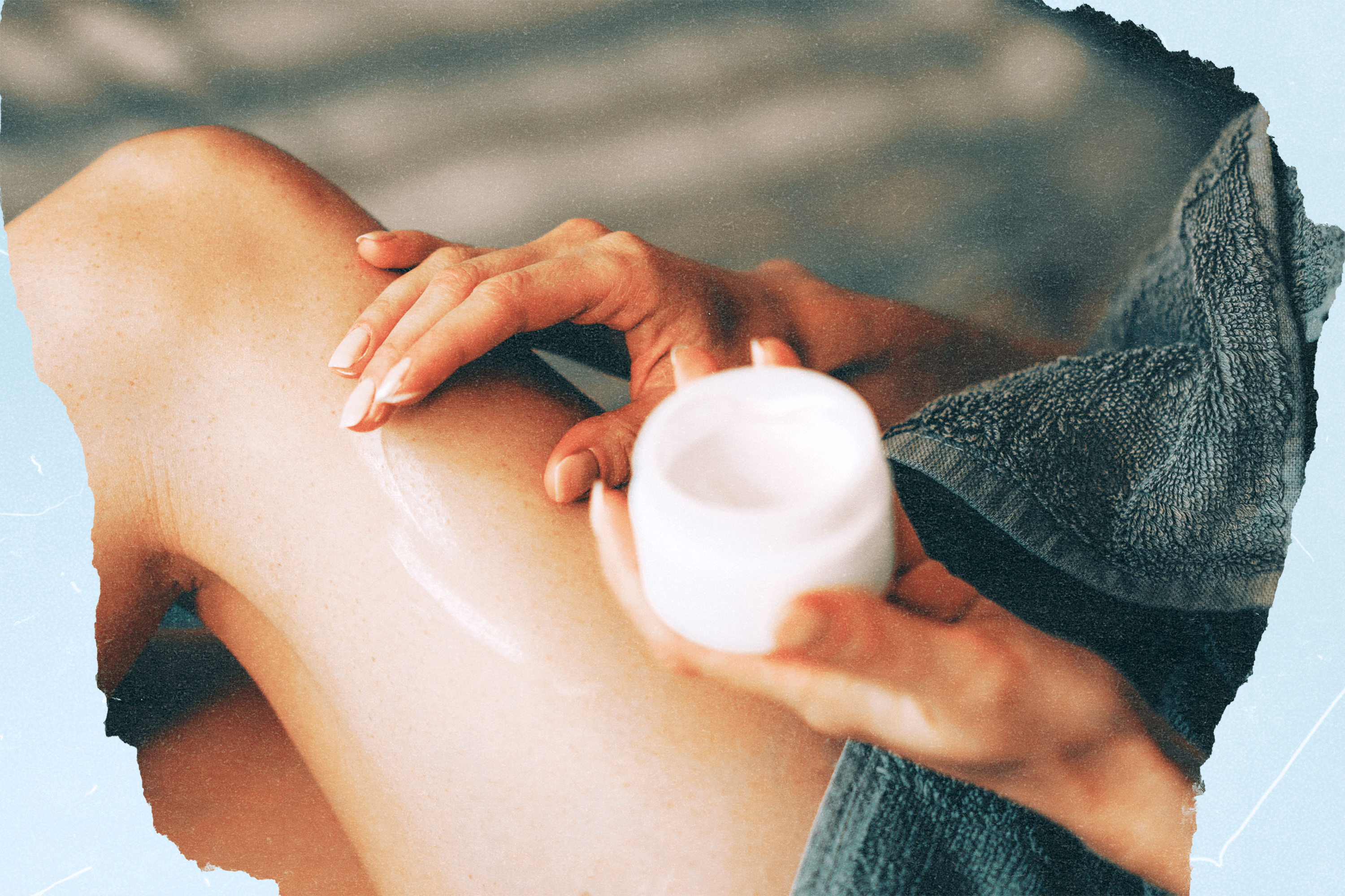 A photo of a woman applying moisturizing cream to her legs