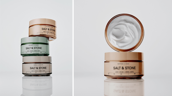Left: Salt & Stone's three new body creams stacked on top of each other; Right: Salt & Stone's Body Cream in Saffron & Cedar opened jar on top of a closed jar