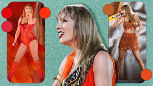 Three photos of Taylor Swift performing on stage at The Eras Tour wearing orange outfits