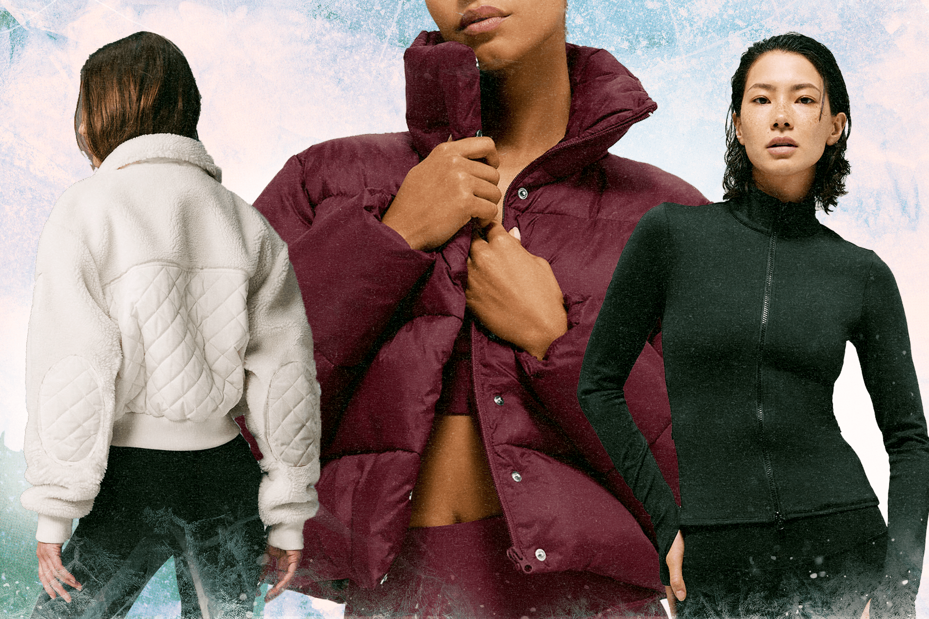 Three models wearing Alo Yoga clothing (a white sherpa bomber jacket, a burgundy puffer jacket, and a black zip-up jacket).
