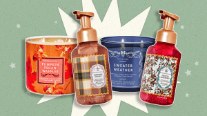 Two Bath & Body Works fall three-wick candles and two Bath & Body Works fall hand soaps