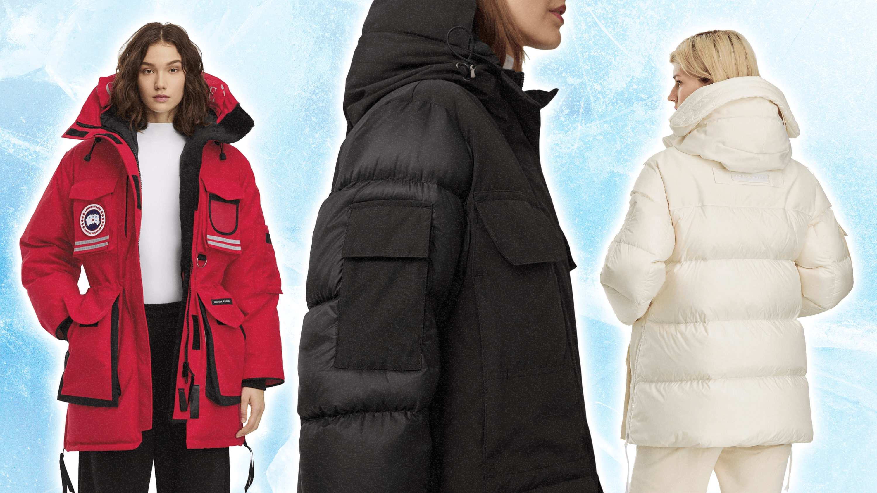 Three models wearing Canada Goose parks for extreme cold (in red, black, and white colorways).