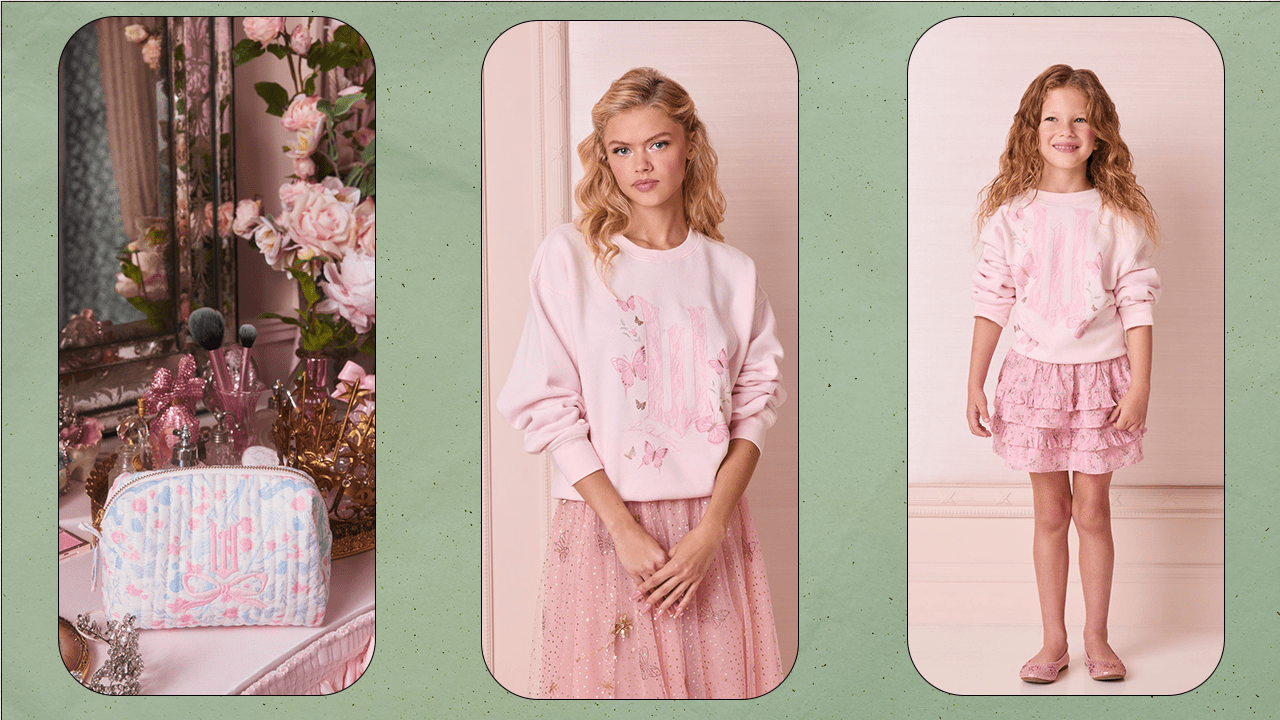 Three images of clothing and accessories from the Wicked: For Good x LoveShackFancy collaboration