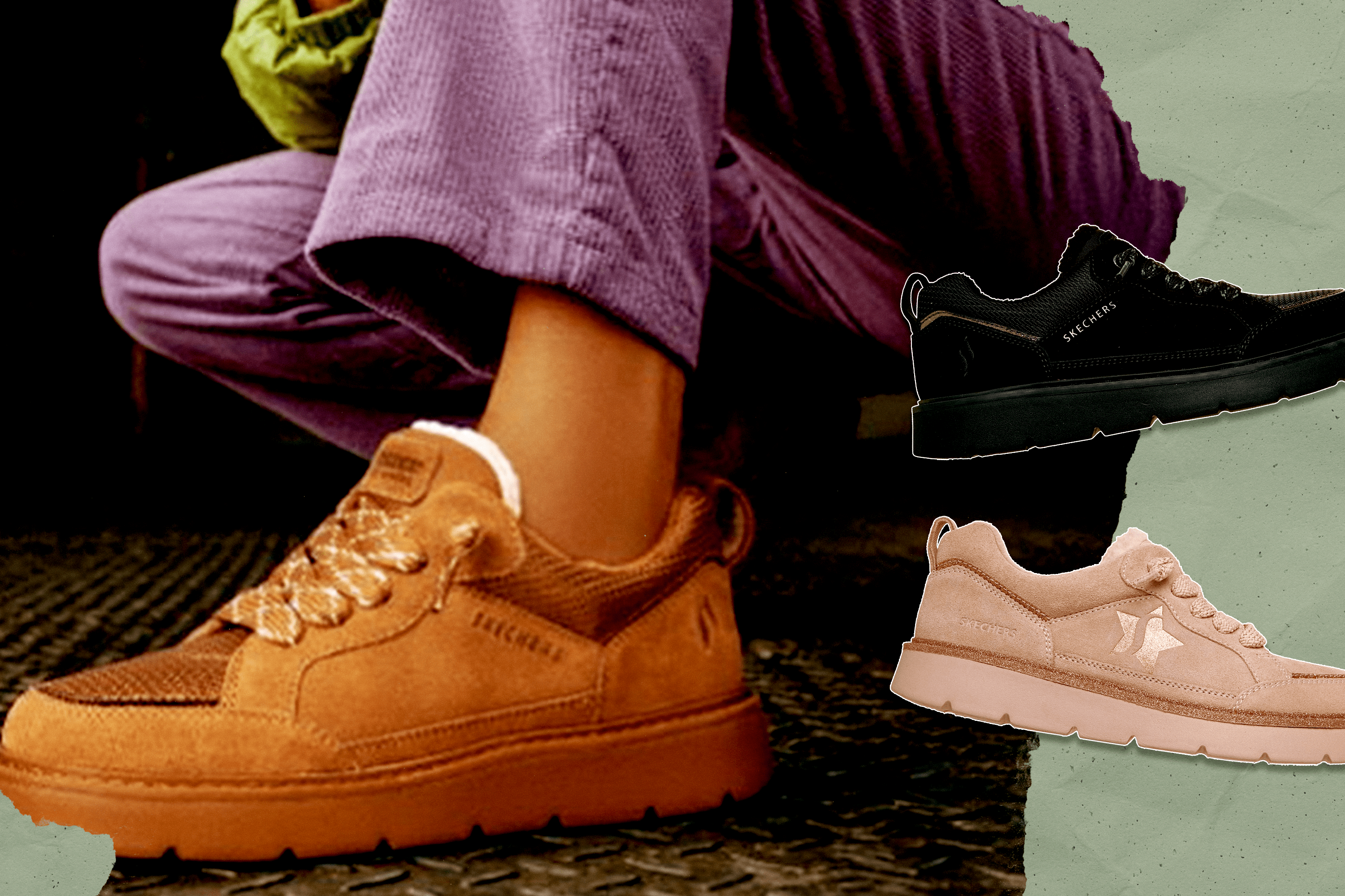 A campaign shot of a model wearing Skechers' Street Hiker shoe in camel, alongside two product shots of the Street Hiker shoe in black and pink