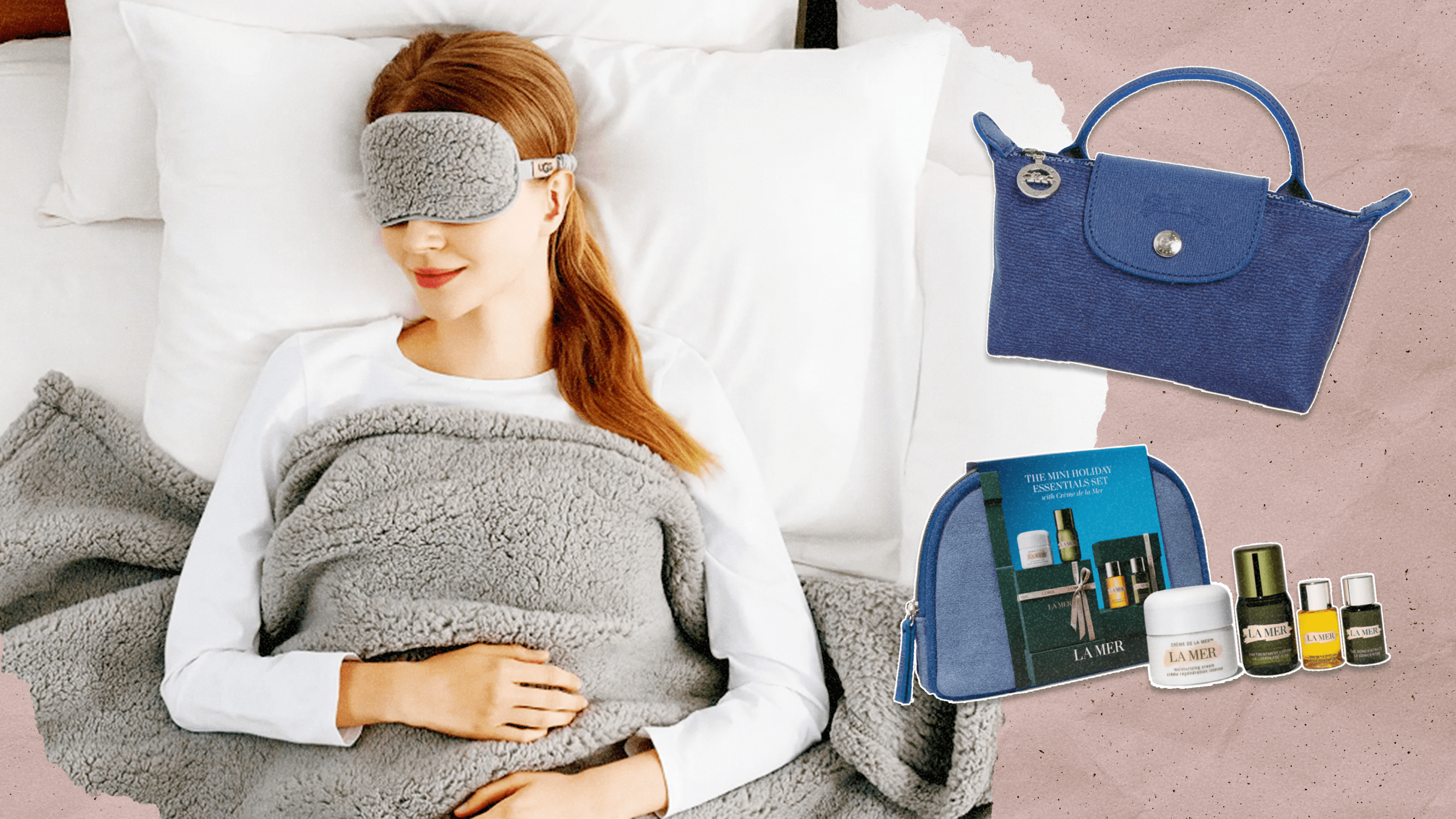 Left: a woman lying in bed with UGG's throw blanket and matching eye mask in grey; a Longchamp Le Pliage tiny makeup bag in blue; a La Mer gift set with a blue makeup bag