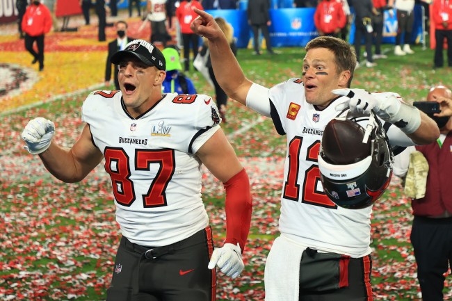 TAMPA, FLORIDA - FEBRUARY 07: Rob Gronkowski #87 and Tom Brady #12 of the Tampa Bay Buccaneers celebrate winning Super Bowl LV at Raymond James Stadium on February 07, 2021 in Tampa, Florida.