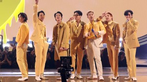 LOS ANGELES, CALIFORNIA - NOVEMBER 21: (L-R) Jimin, J-Hope, Jin, Jungkook, RM, Suga, and V of BTS perform onstage during the 2021 American Music Awards at Microsoft Theater on November 21, 2021 in Los Angeles, California.