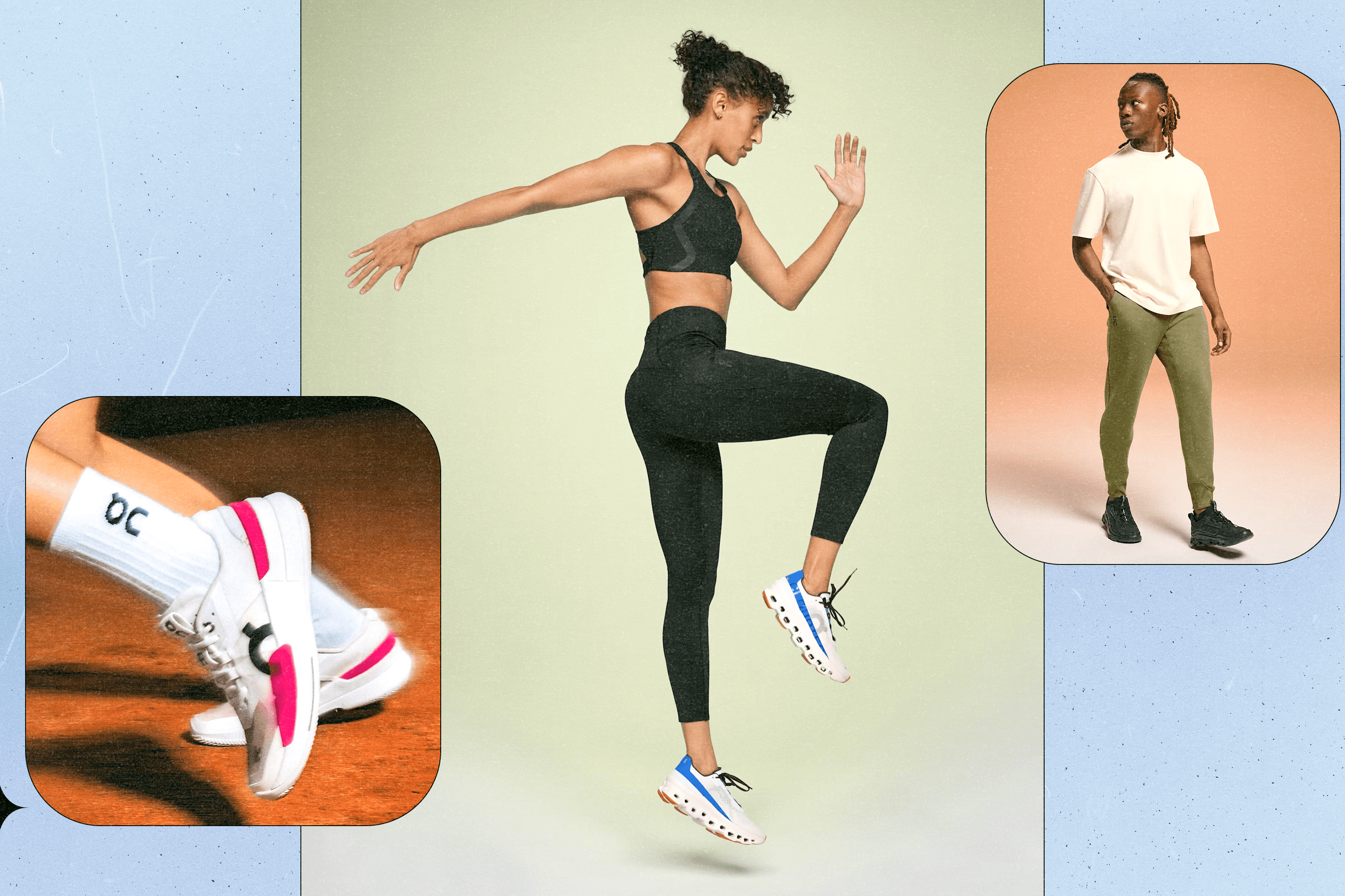 Left to Right: a close up of a model wearing On tennis shoes on a clay court; a model wearing black On leggings and a matching sports bra; a model wearing a cream On T-shirt and olive green sweatpants.