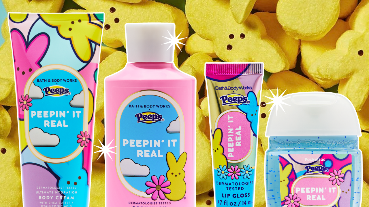 Yellow Peep marshmallow background with four Bath & Body Works products on top.