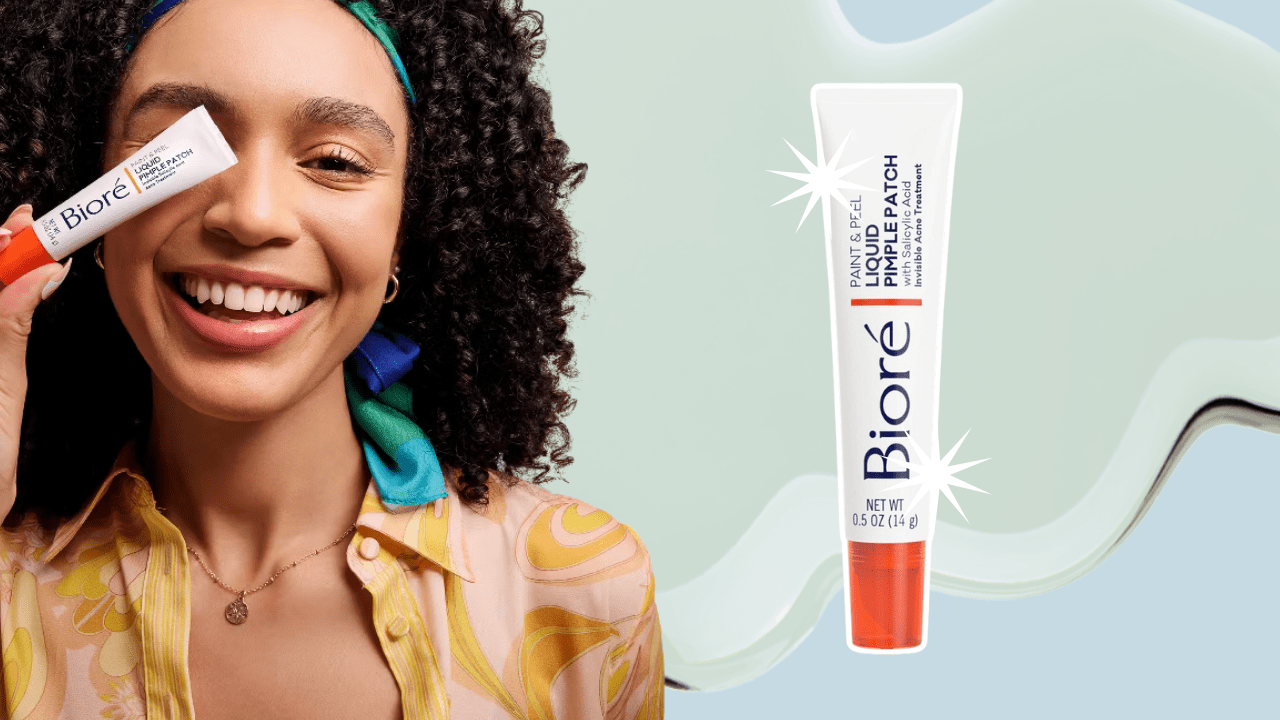 A green and blue background with a woman holding a white tube of Biore liquid pimple patches. A standalone tube of Biore liquid pimple patches