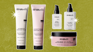 A green background with five haircare products from The Hair Edit