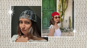 A white crochet background with two photos of women wearing crochet skull caps in blue and red.