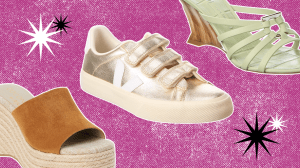 A pink background with gold sneakers in the center, matcha green strappy wedge sandles on the top right, and slip-on espadrille sandals on the bottom left.