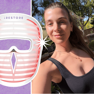 A purple background with a photo of a brunette woman in a ponytail and an LED face mask