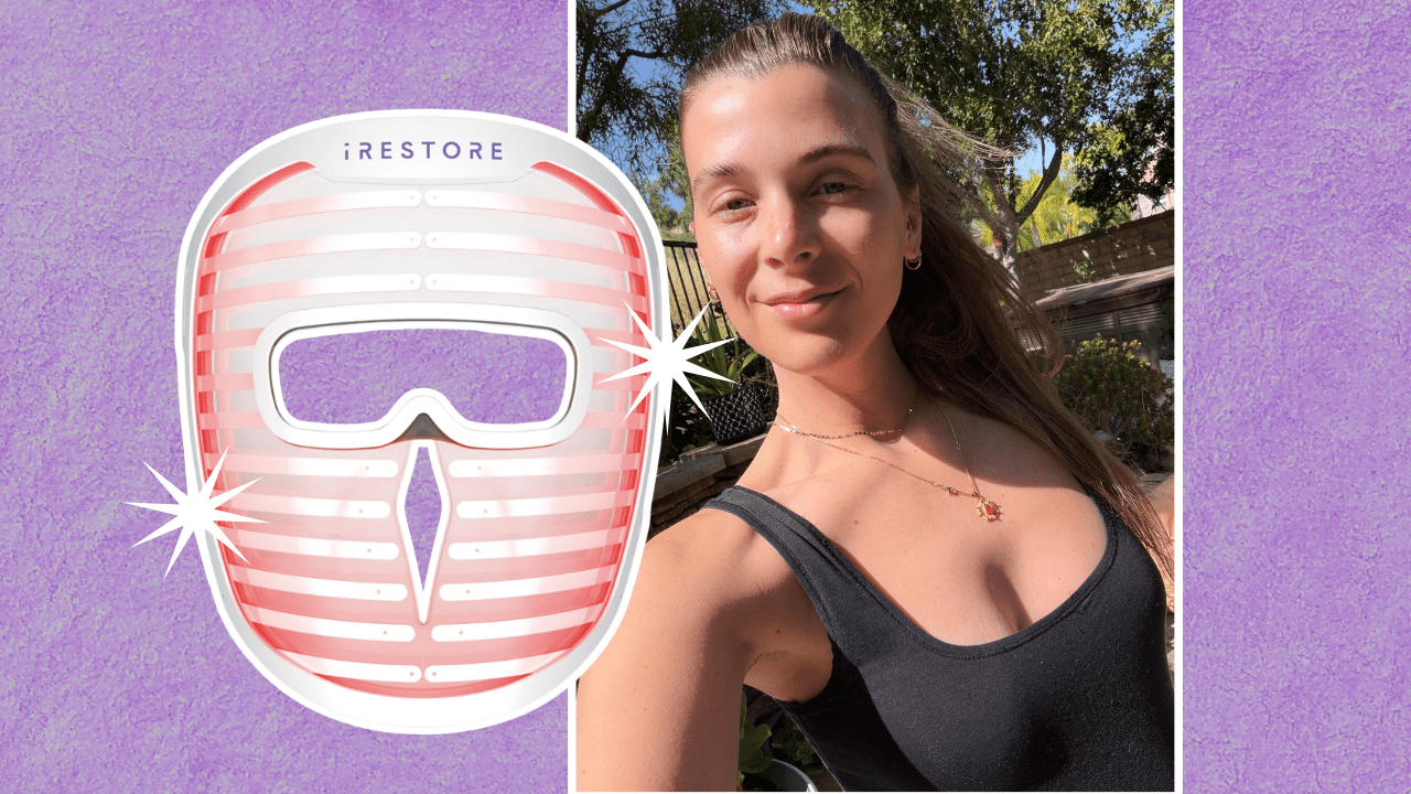 A purple background with a photo of a brunette woman in a ponytail and an LED face mask