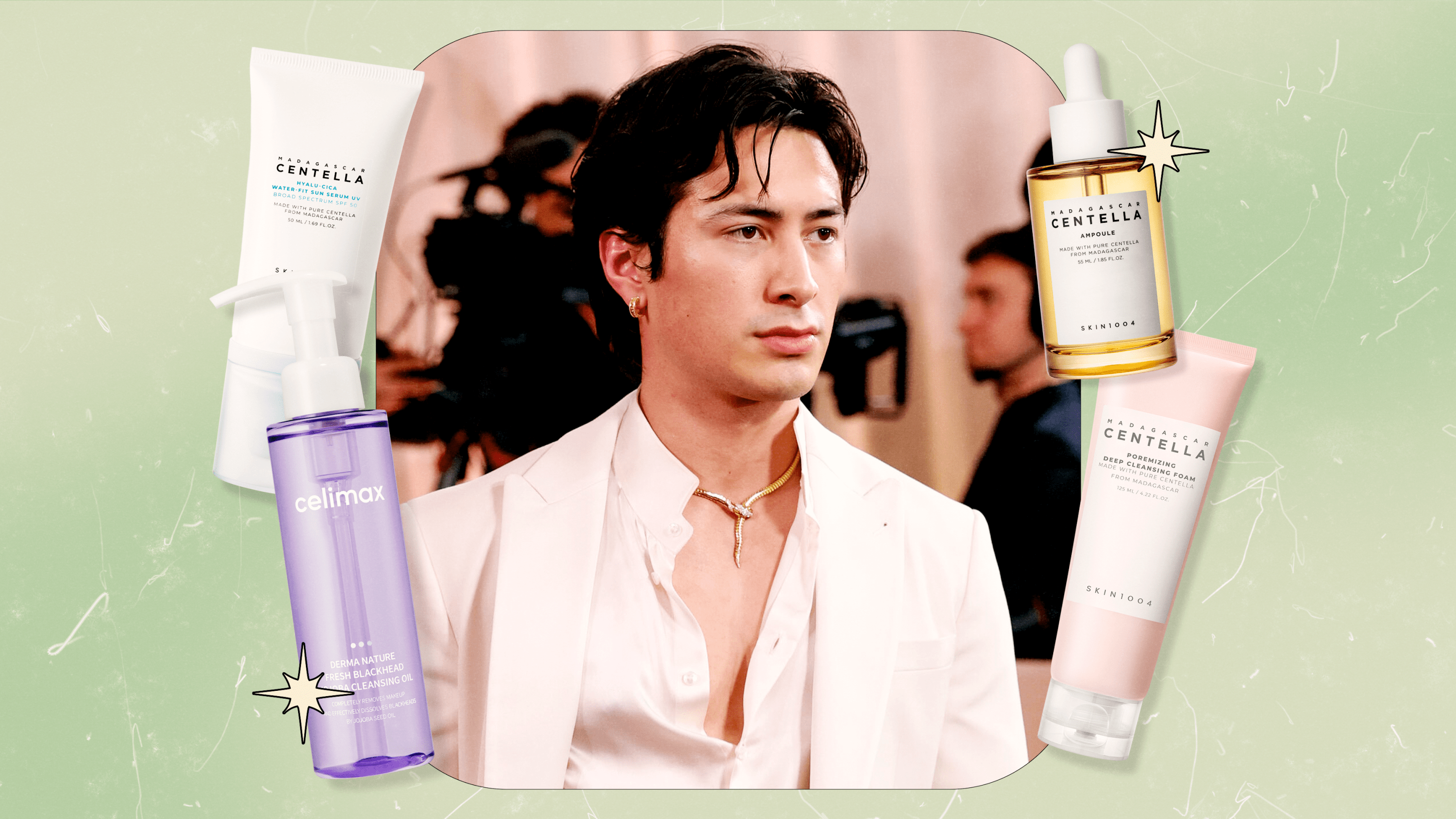 A collage featuring a photo of Hudson Williams from the 2026 Golden Globes red carpet, surrounded by four K-beauty skincare products he has used.